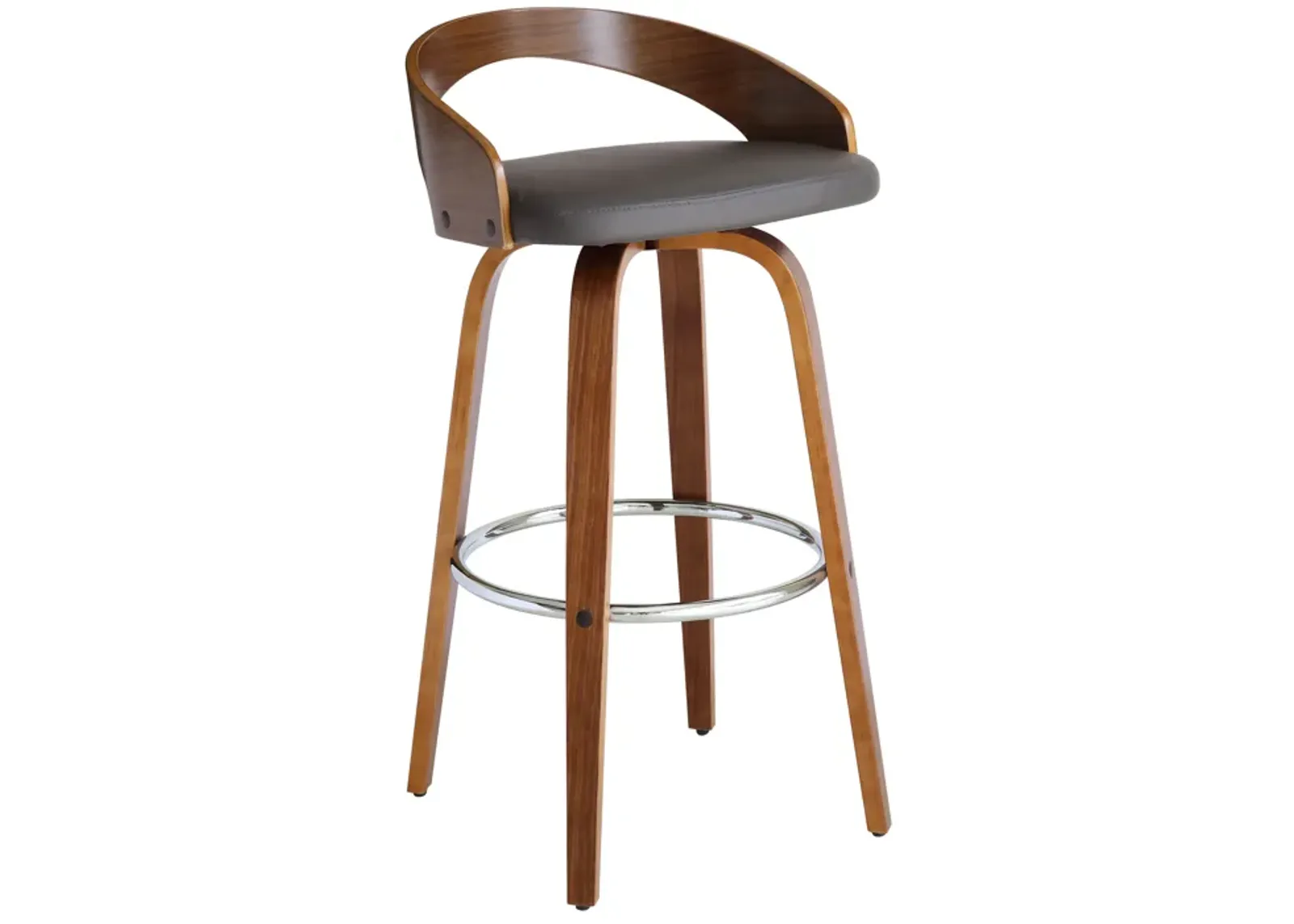 Sonia 30" Bar Height Swivel Grey Faux Leather and Walnut Wood Bar Stool