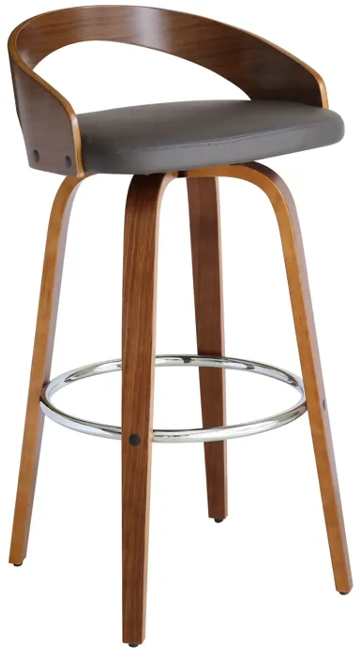 Sonia 30" Bar Height Swivel Grey Faux Leather and Walnut Wood Bar Stool