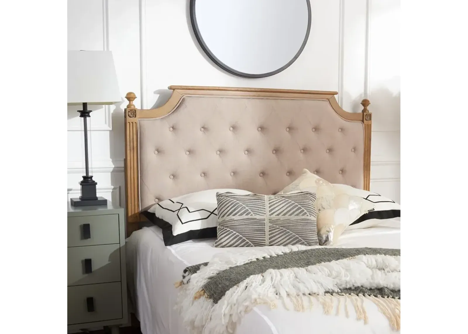 Rustic Wood Taupe Tufted Linen Queen Headboard