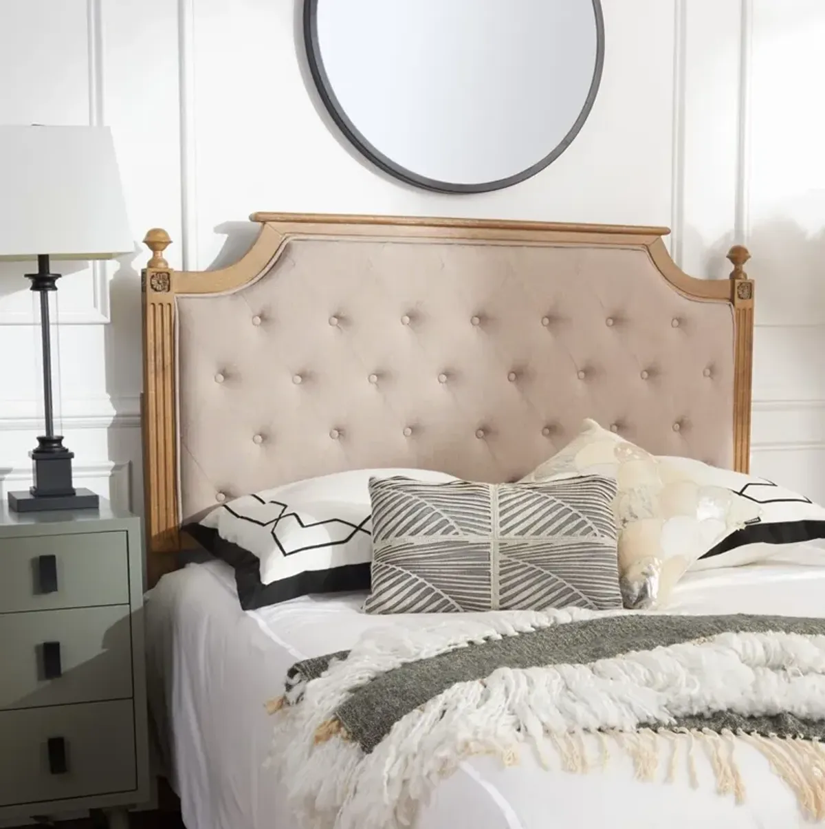 Rustic Wood Taupe Tufted Linen Queen Headboard