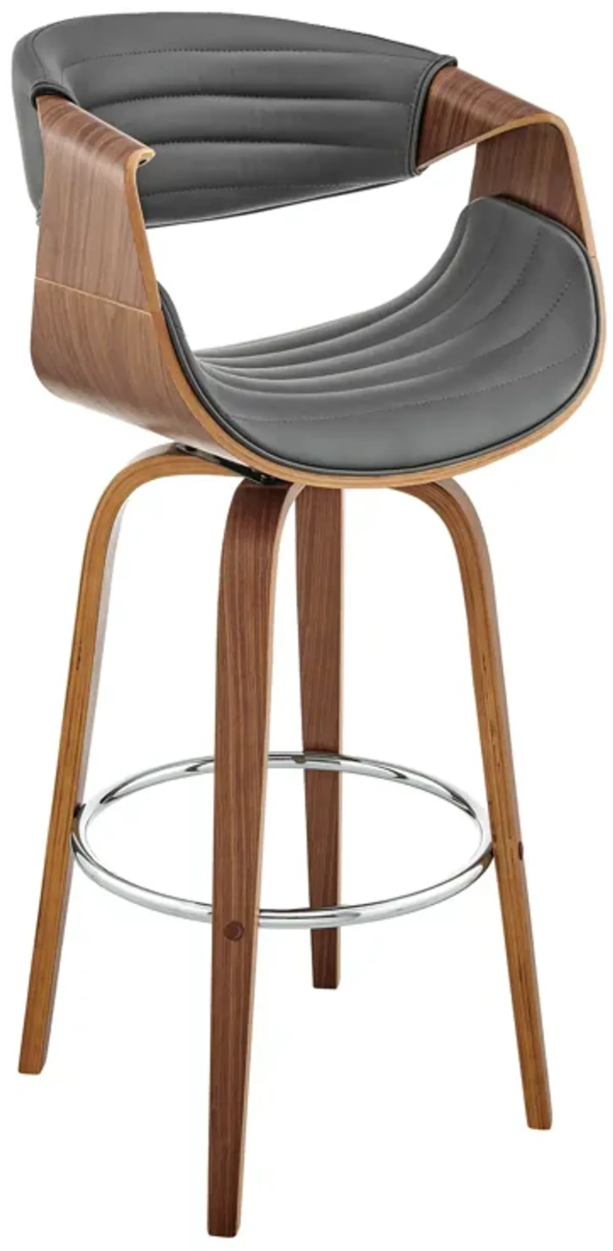 Arya 30" Swivel Bar Stool in Gray Faux Leather and Walnut Wood