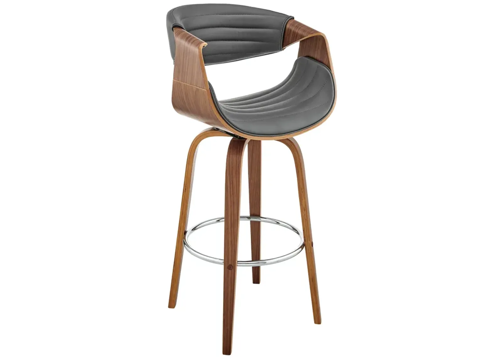 Arya 30" Swivel Bar Stool in Gray Faux Leather and Walnut Wood