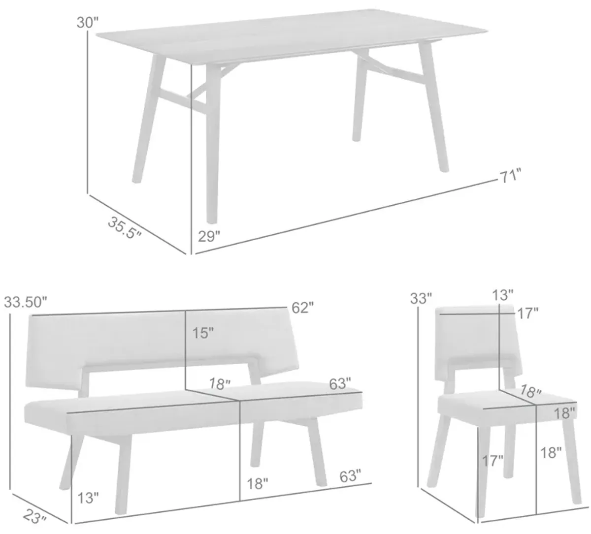 Channell 5 Piece Walnut Wood Dining Table Set with Benches in Orange Fabric