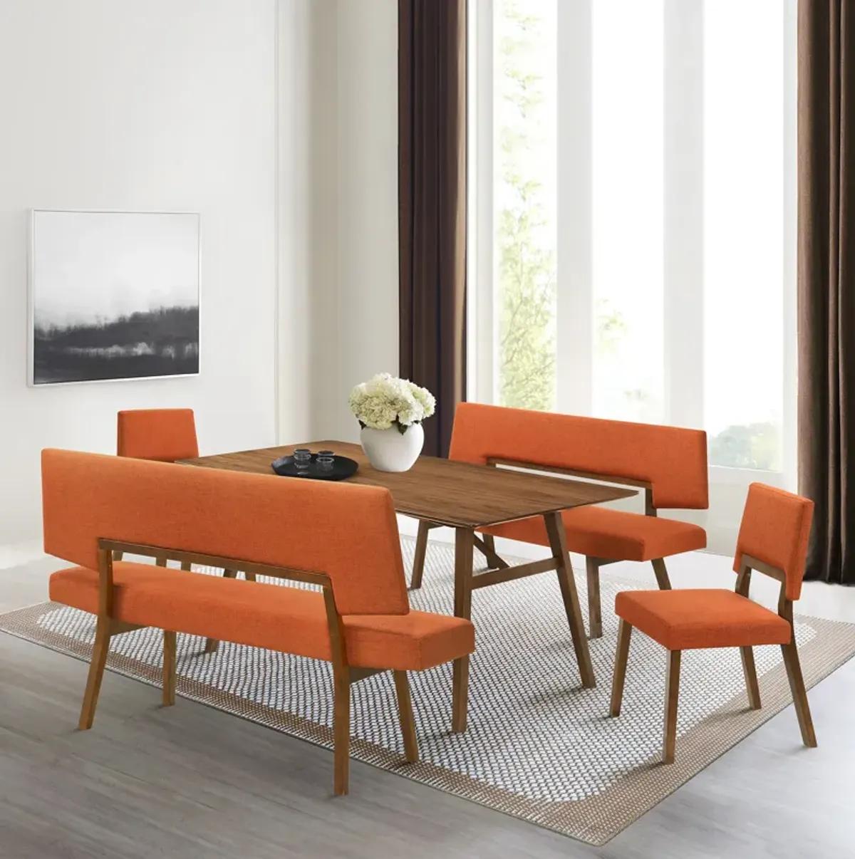 Channell 5 Piece Walnut Wood Dining Table Set with Benches in Orange Fabric