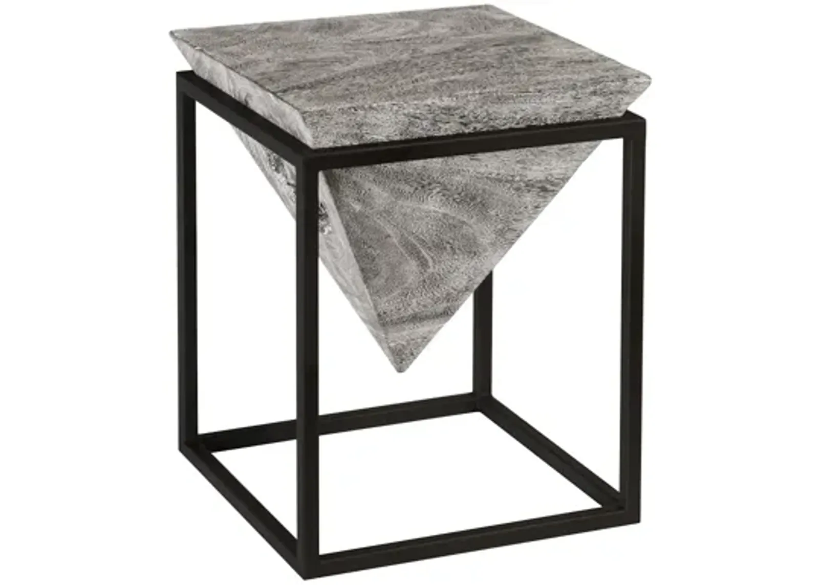 Inverted Pyramid Side Table, Gray Stone, Wood/Metal, Black, SM