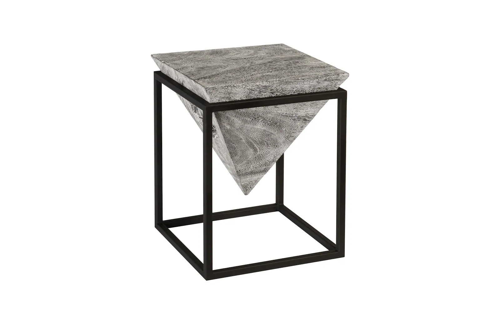 Inverted Pyramid Side Table, Gray Stone, Wood/Metal, Black, SM