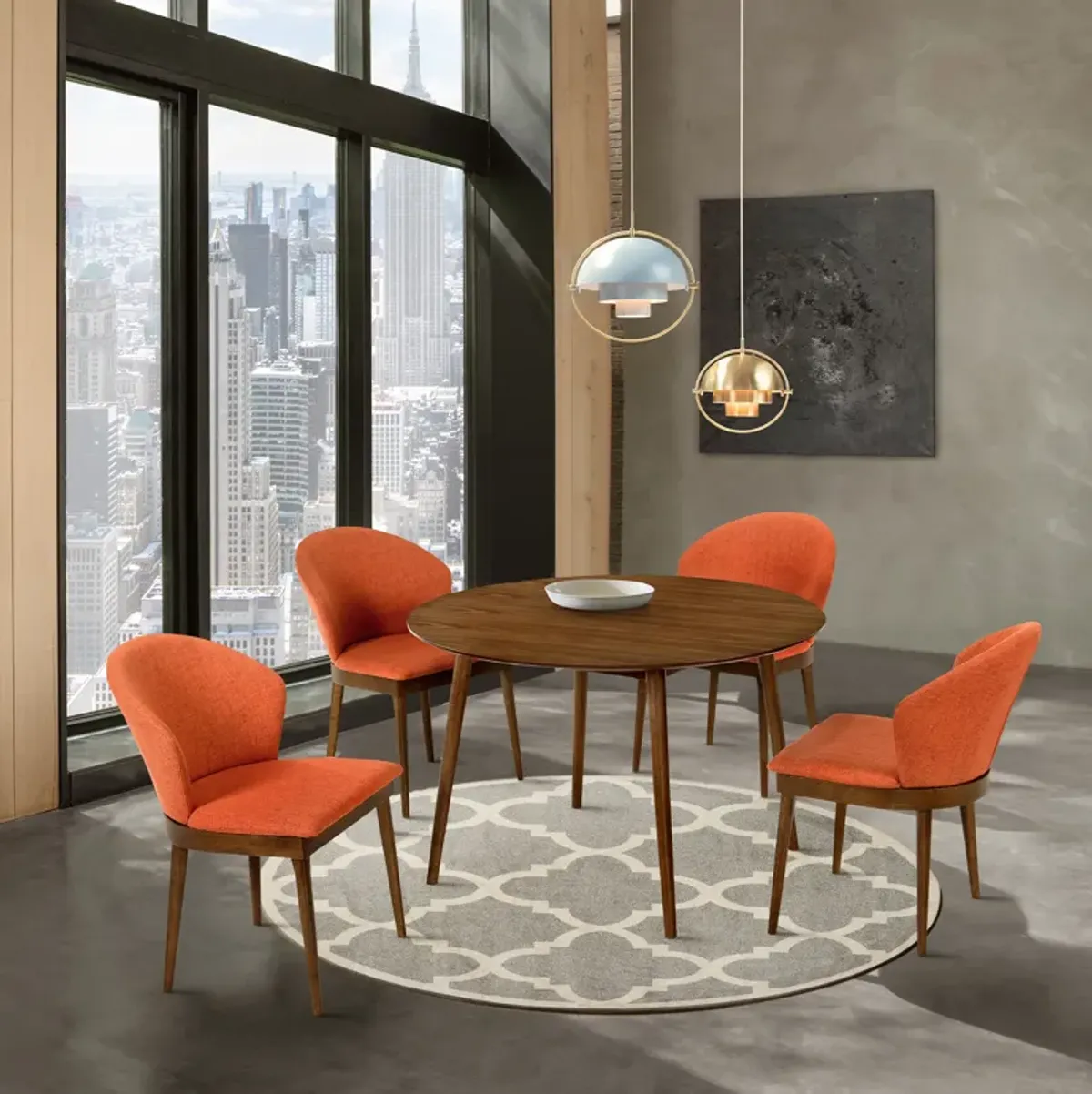 Arcadia and Juno 48" Round Orange and Walnut Wood 5 Piece Dining Set