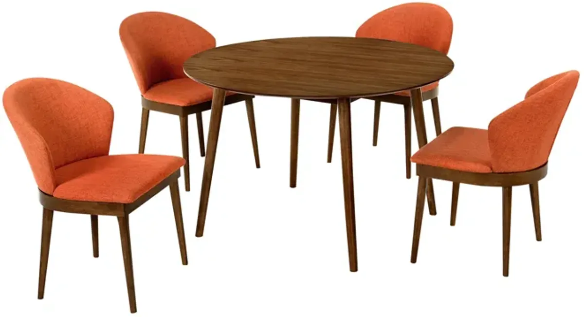 Arcadia and Juno 48" Round Orange and Walnut Wood 5 Piece Dining Set