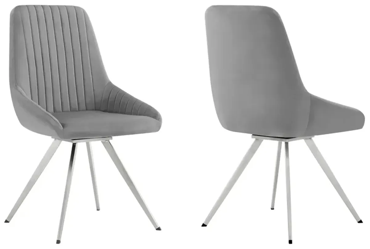 Skye Swivel Gray Velvet and Brushed Stainless Steel Dining Room Chairs - Set of 2