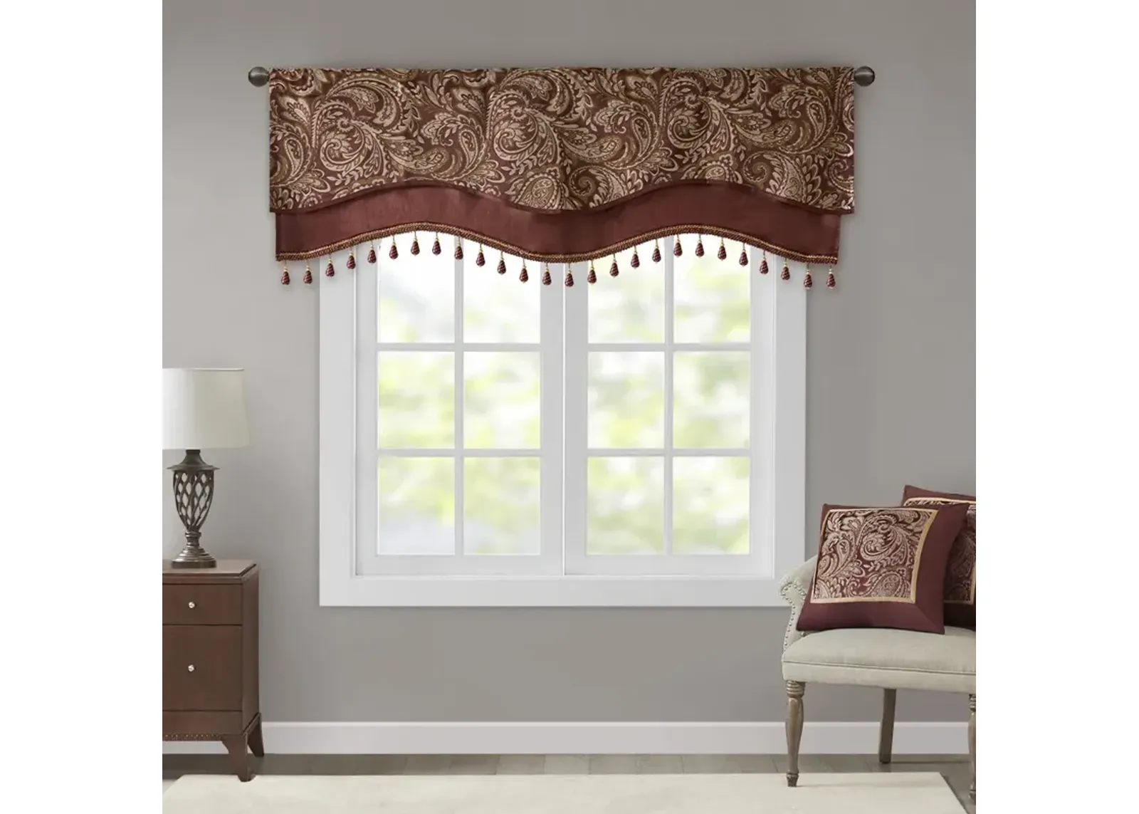 Madison Park Aubrey Burgundy Jacquard Window Rod Pocket Valance With Beads