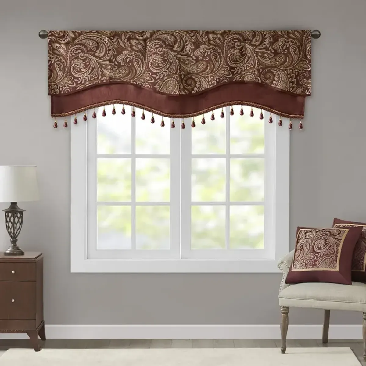 Madison Park Aubrey Burgundy Jacquard Window Rod Pocket Valance With Beads