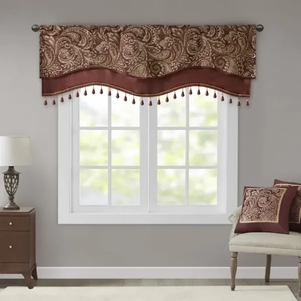 Madison Park Aubrey Burgundy Jacquard Window Rod Pocket Valance With Beads