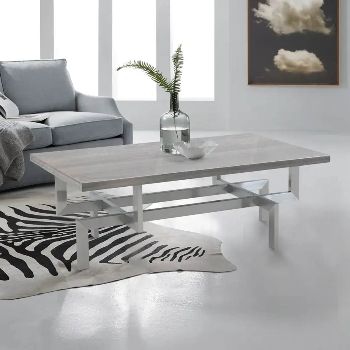 Illusion Gray Wood Coffee Table with Brushed Stainless Steel Base