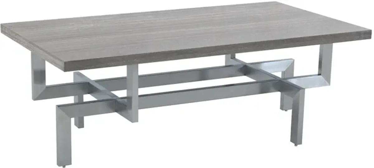 Illusion Gray Wood Coffee Table with Brushed Stainless Steel Base