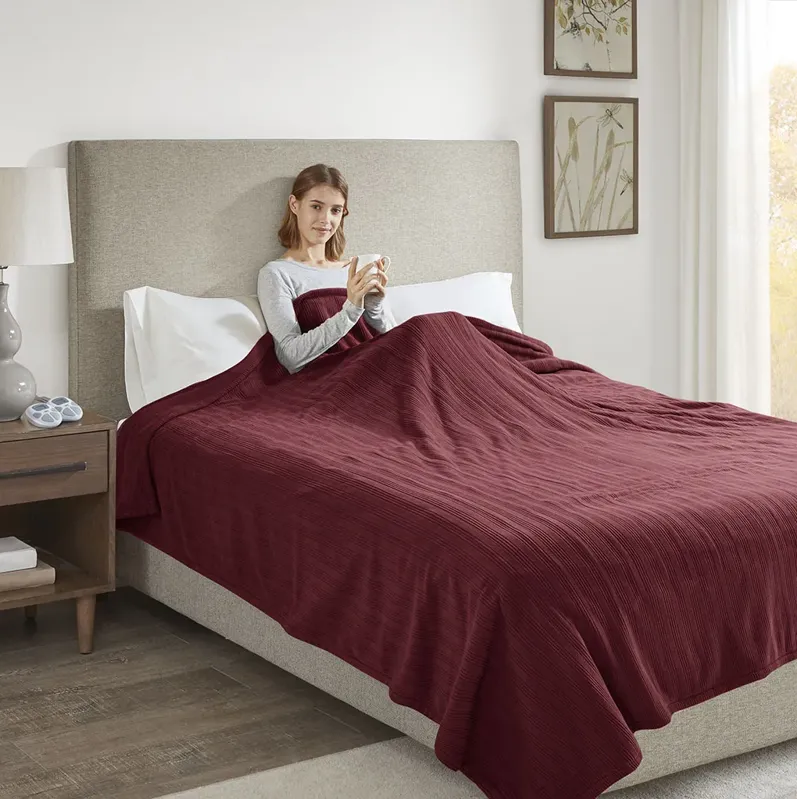 Serta Ribbed Micro Fleece Burgundy Heated Blanket