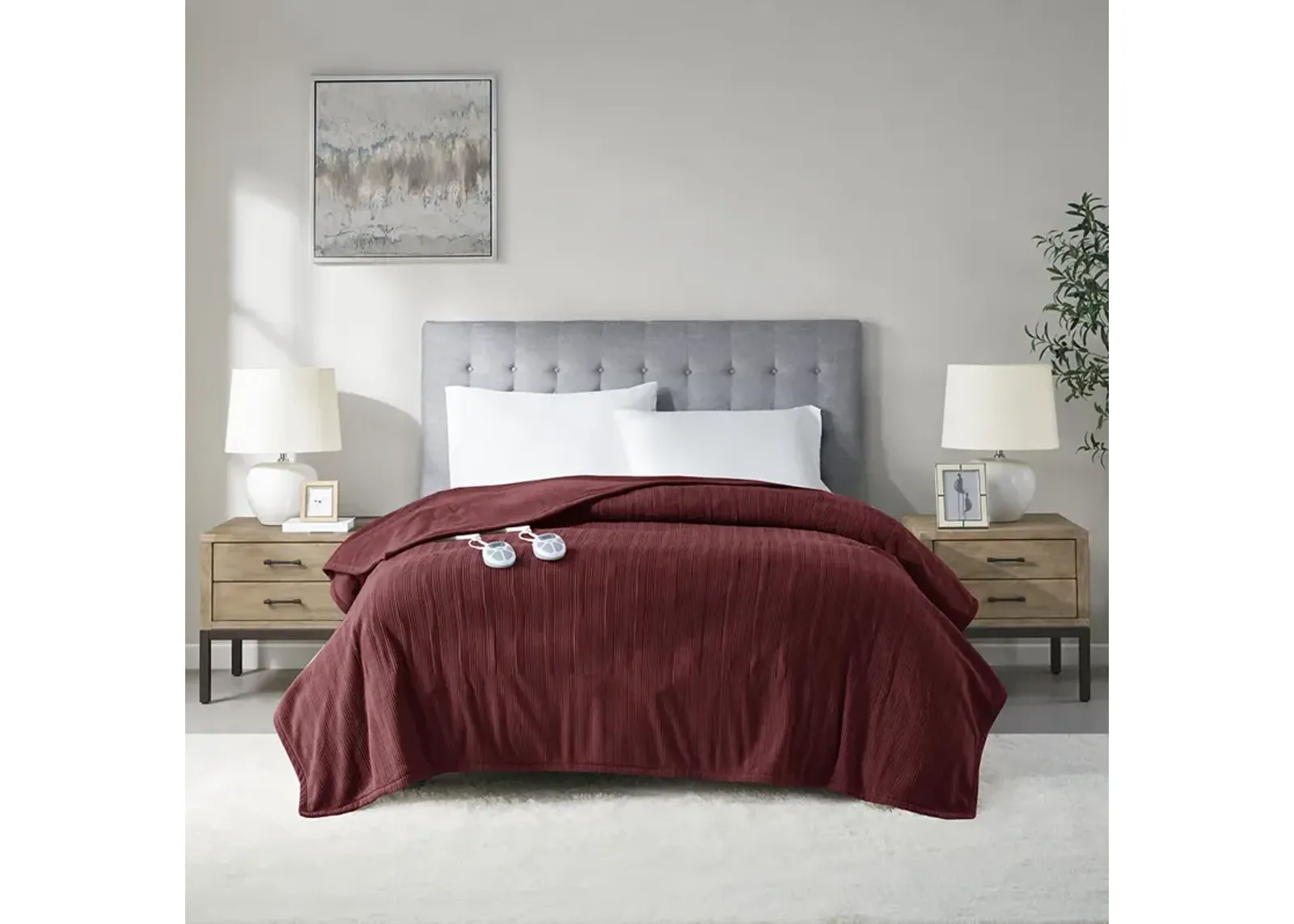 Serta Ribbed Micro Fleece Burgundy Heated Blanket