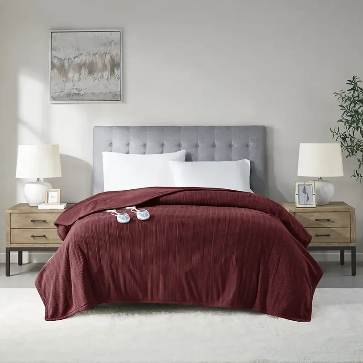 Serta Ribbed Micro Fleece Burgundy Heated Blanket