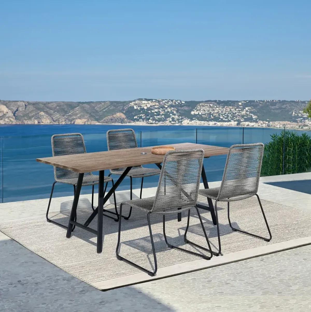 Koala and Shasta 5 Piece Outdoor Patio Dining Set in Light Eucalyptus Wood and Gray Rope