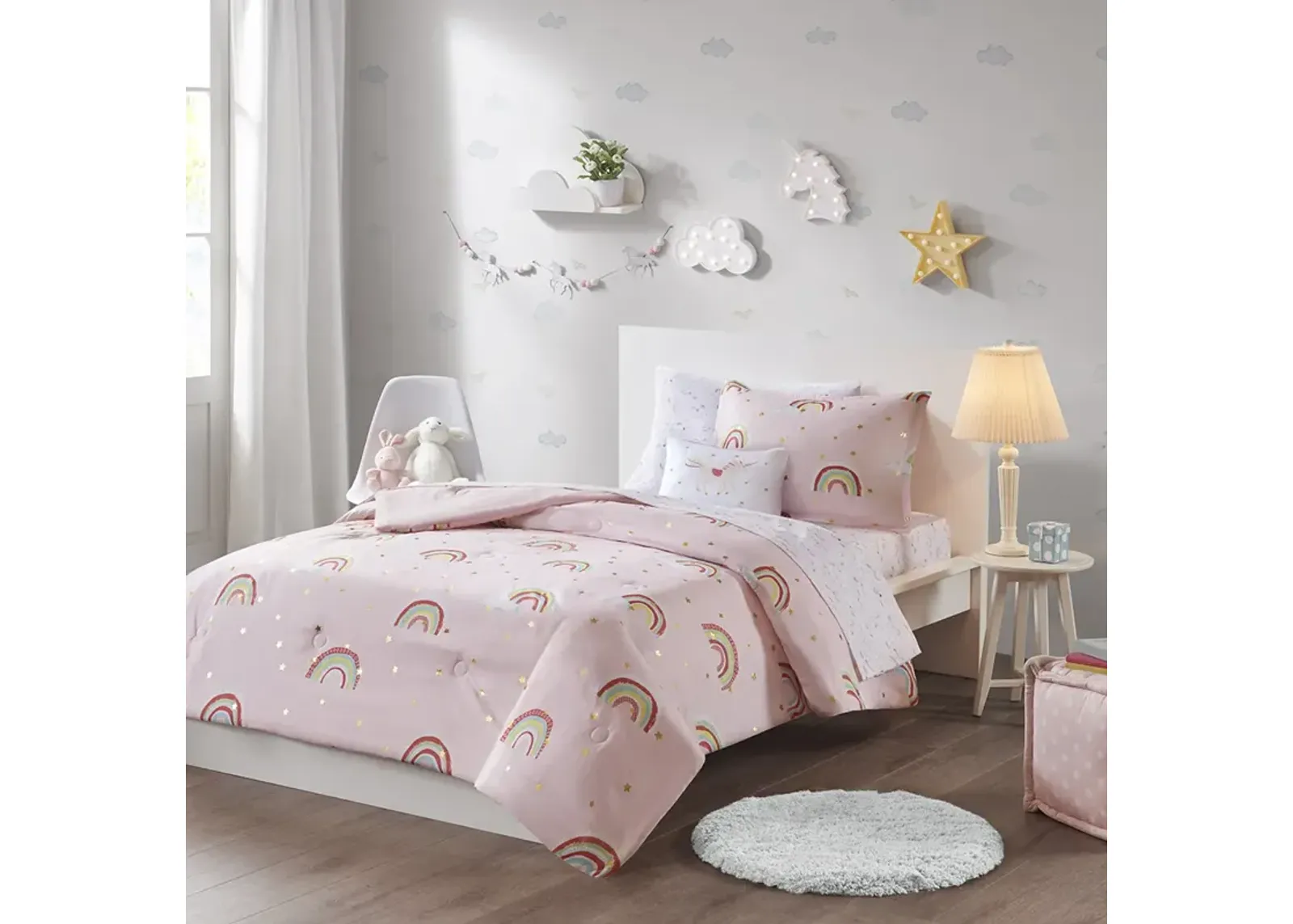 Mi Zone Kids Alicia Pink Rainbow and Metallic Stars Comforter Set with Bed Sheets