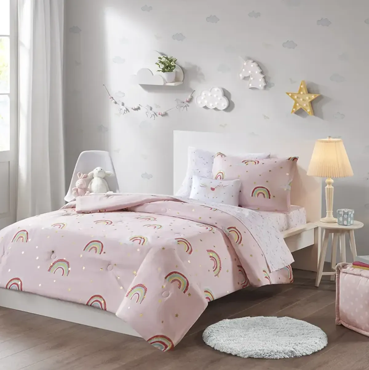 Mi Zone Kids Alicia Pink Rainbow and Metallic Stars Comforter Set with Bed Sheets