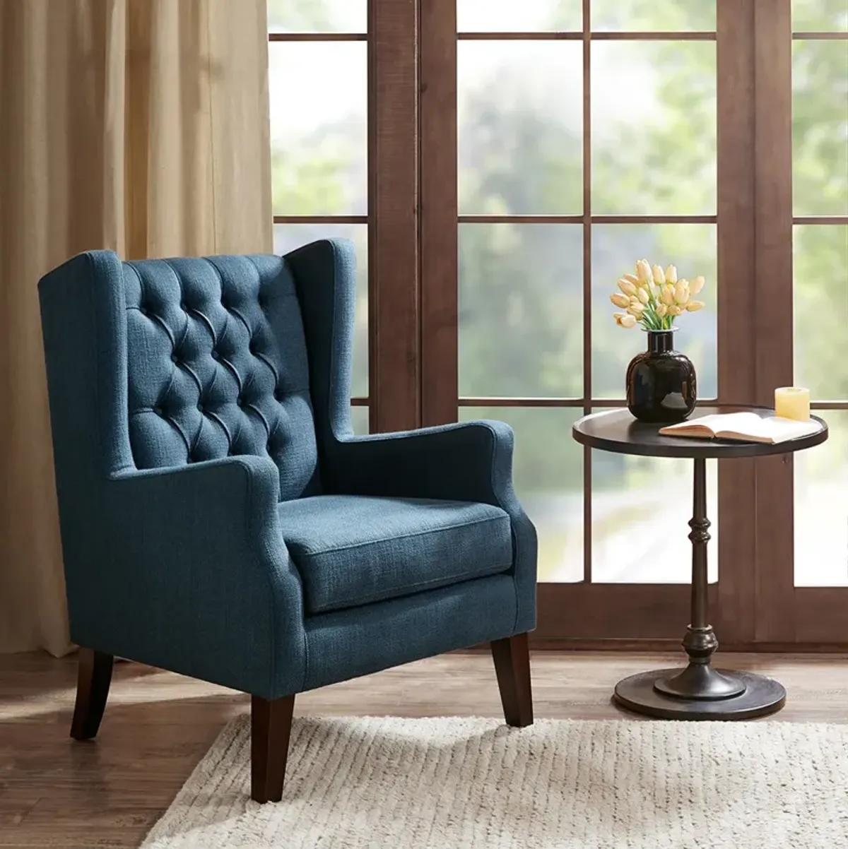 Madison Park Maxwell Navy Button Tufted Wing Chair