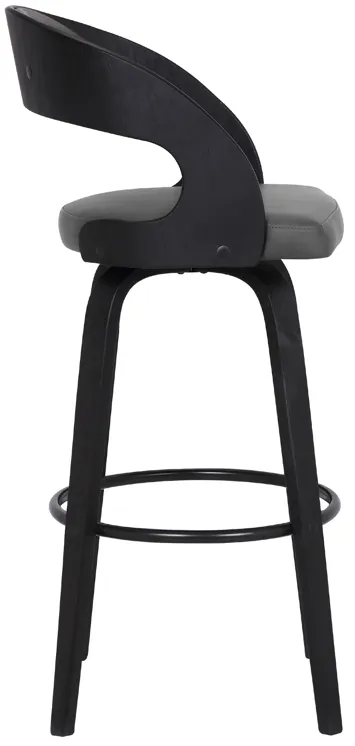 Shelly 30" Bar Height Swivel Grey Faux Leather and Black Wood Bar Stool