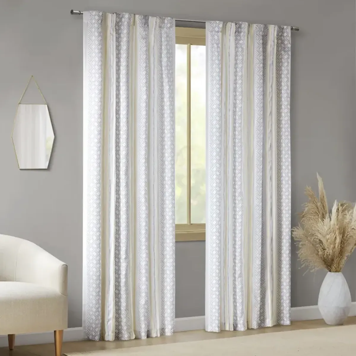 2pk Poly Printed Curtain Panel with Tufted Stripe