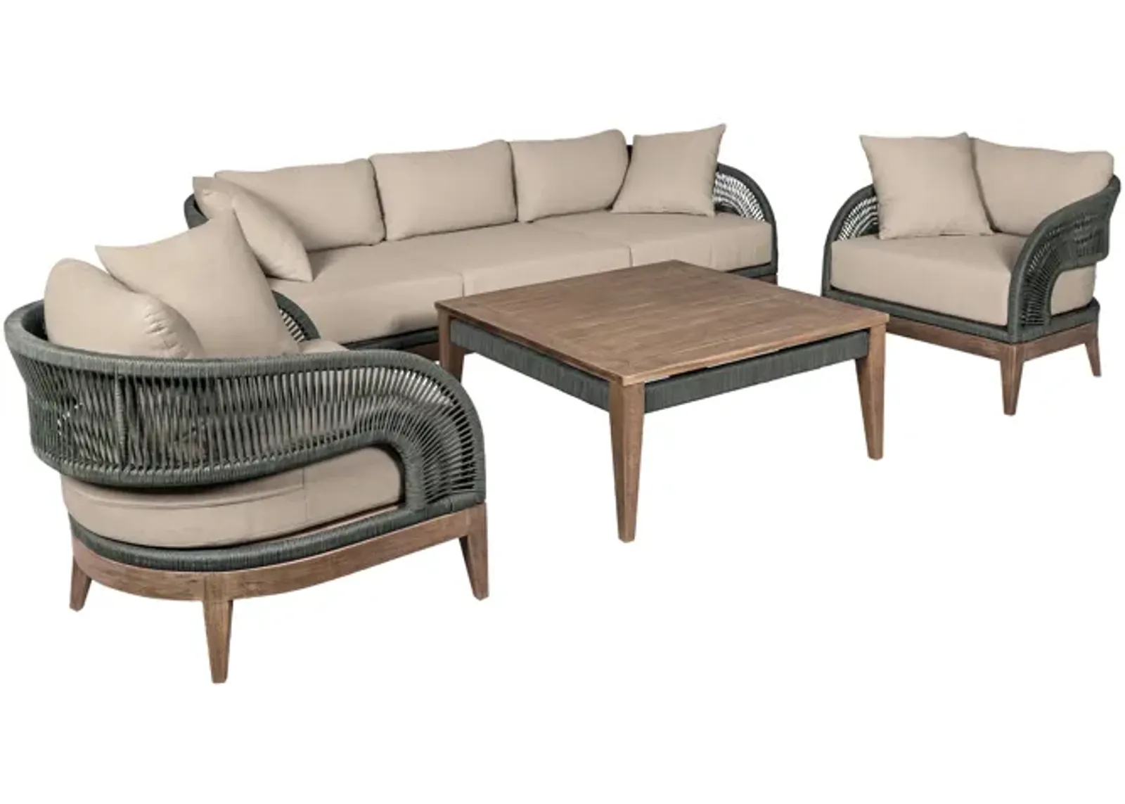 Orbit Outdoor Patio 4 Piece Conversation Set in Weathered Eucalyptus Wood with Gray Rope and Taupe Olefin Cushions