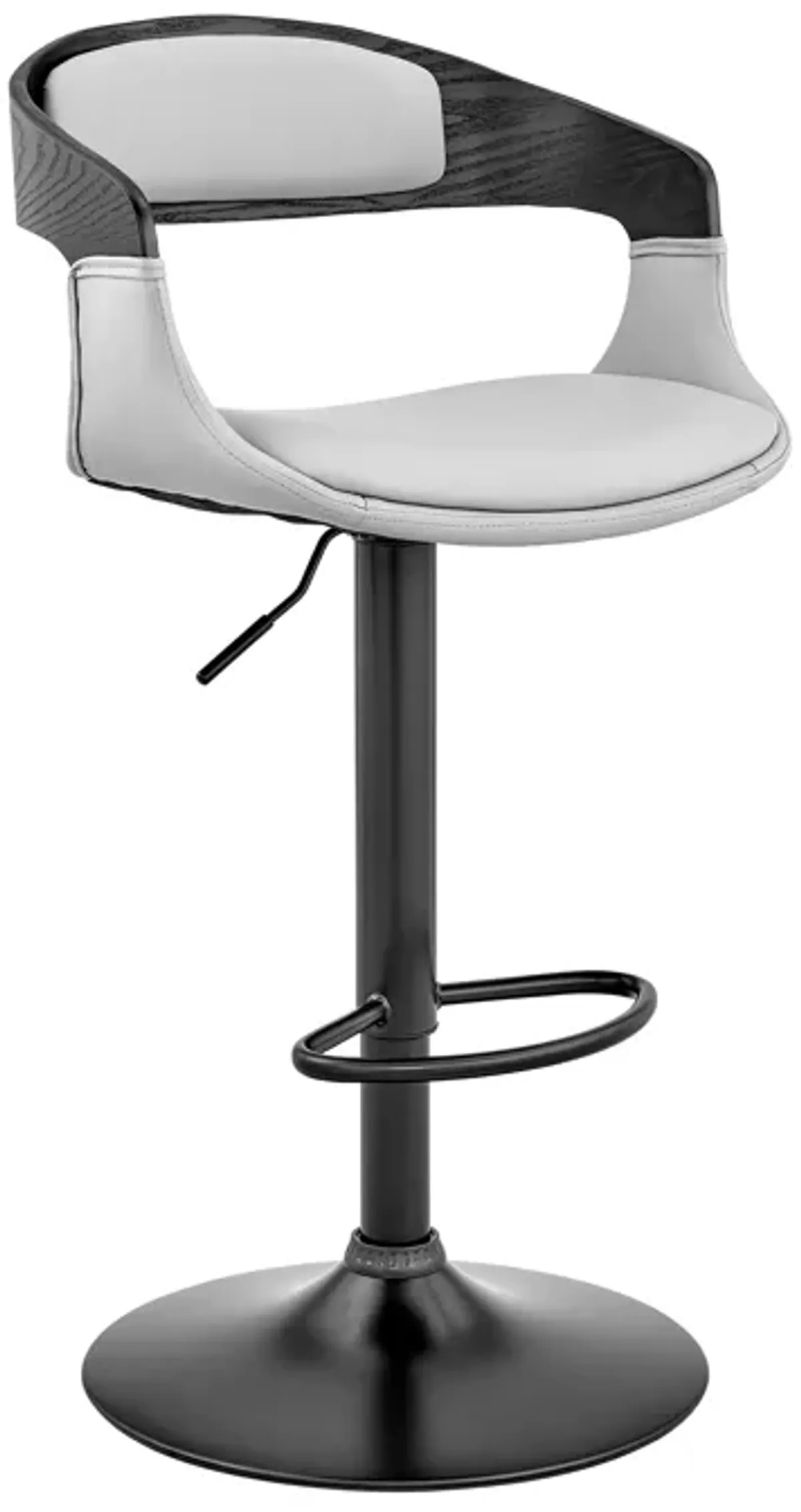 Benson Adjustable Gray Faux Leather and Black Wood Bar Stool with Black Base