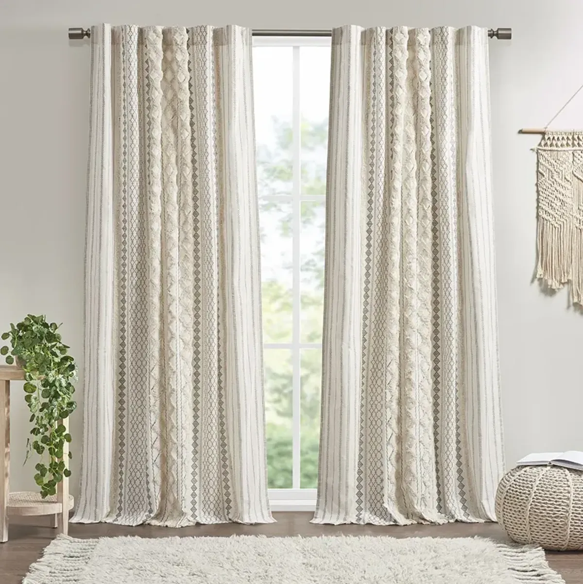 INK+IVY Imani Ivory Cotton Printed Curtain Panel with Chenille Stripe and Lining