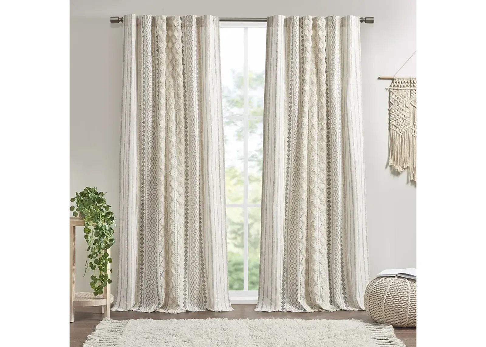 INK+IVY Imani Ivory Cotton Printed Curtain Panel with Chenille Stripe and Lining