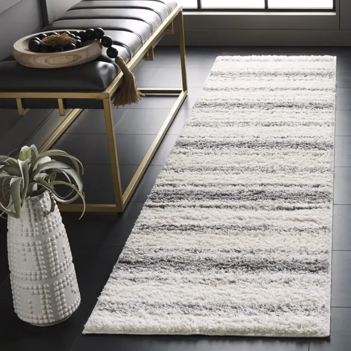 BORDER & STRIPE SHAG 252 Beige 2'-2' X 8' Runner Rug