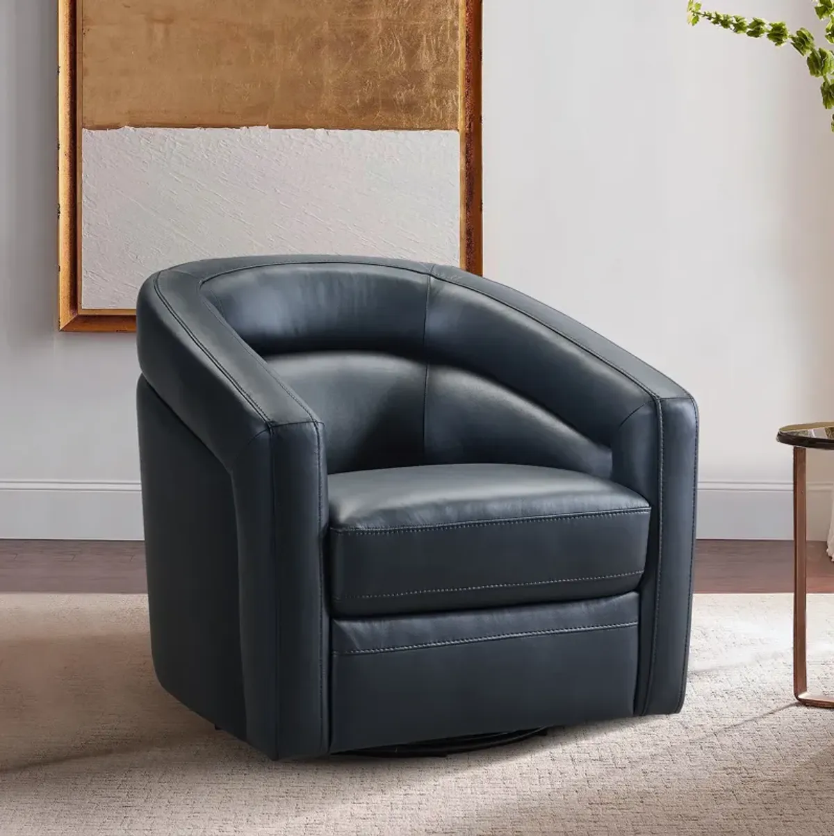 Desi Contemporary Swivel Accent Chair in Black Genuine Leather