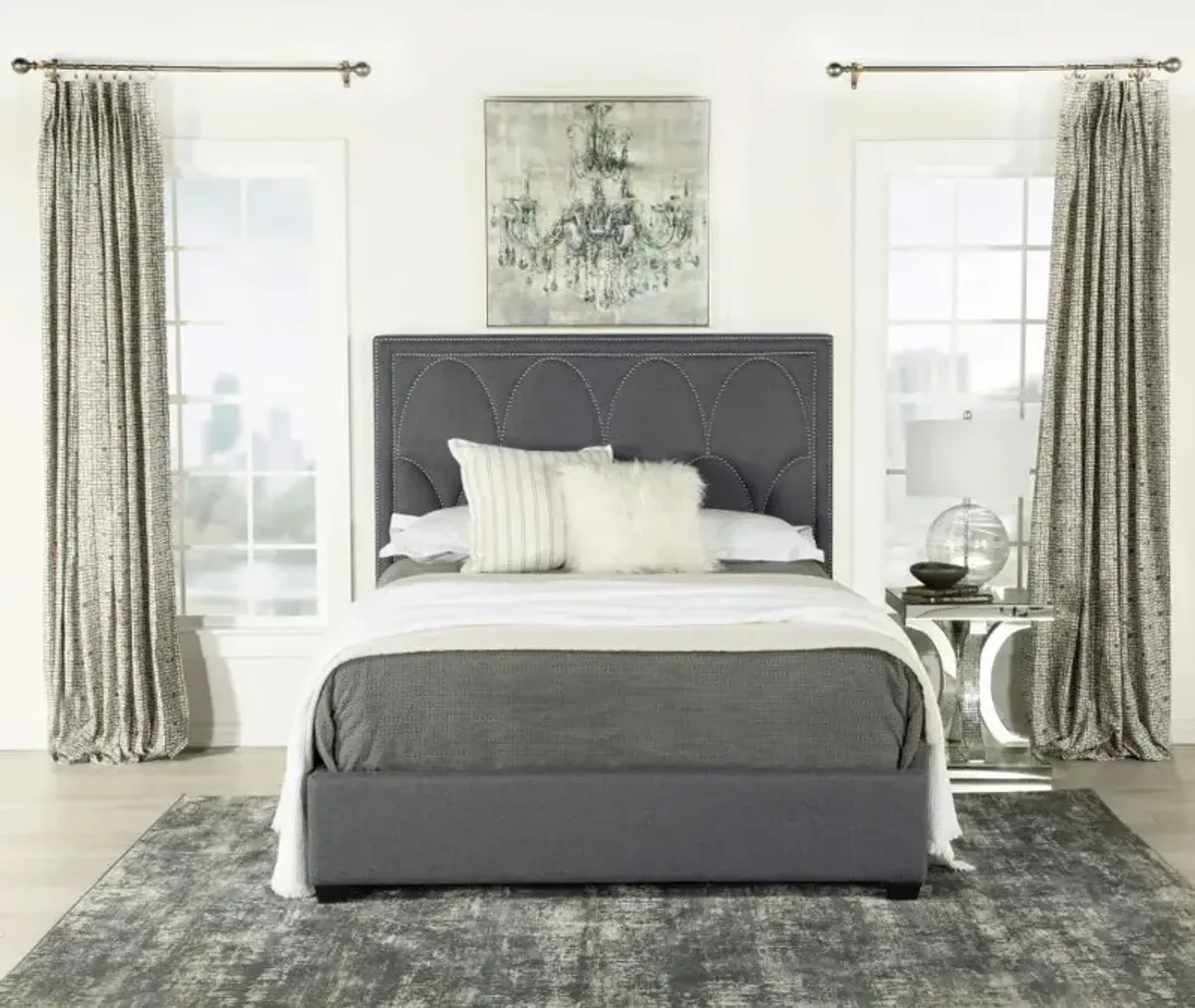 Bowfield Upholstered Bed with Nailhead Trim Charcoal