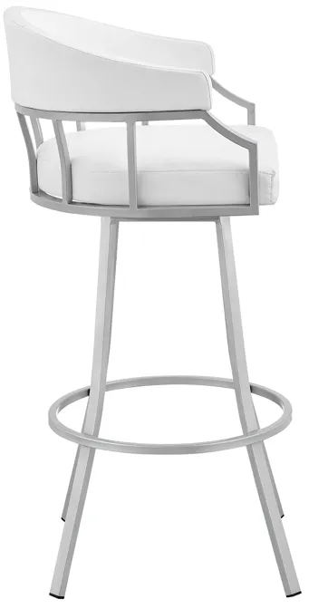 Valerie 30" Swivel White Faux Leather and Silver Metal Bar Stool