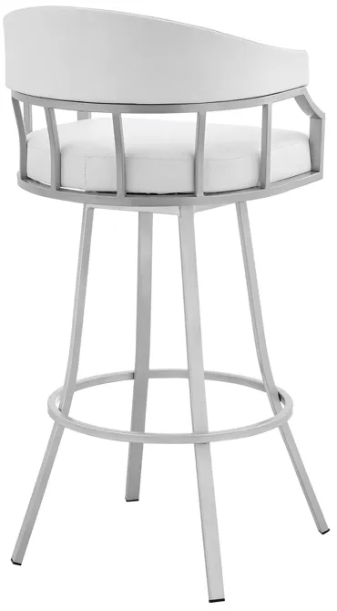 Valerie 30" Swivel White Faux Leather and Silver Metal Bar Stool