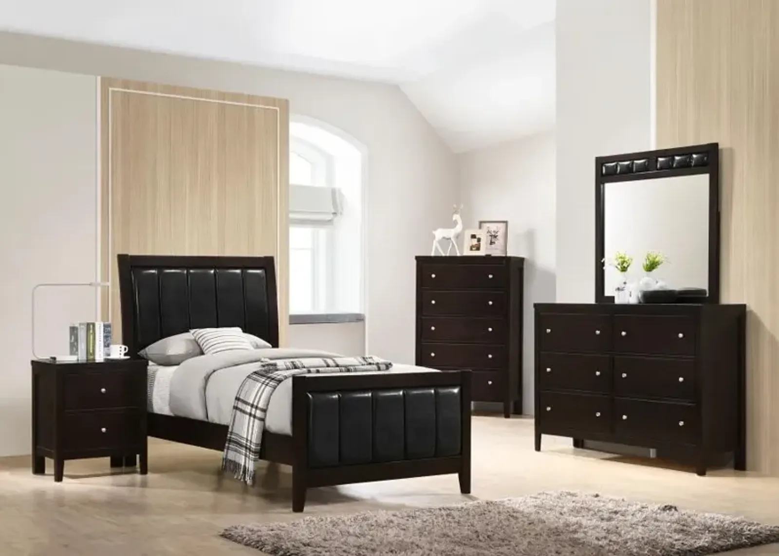 Carlton 5-piece Twin Upholstered Bedroom Set Cappuccino and Black