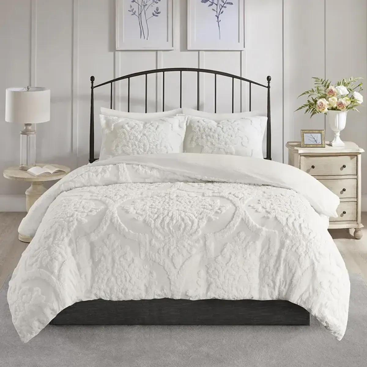 Madison Park Viola Off-White 3 Piece Tufted Cotton Chenille Damask Duvet Cover Set