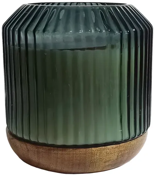 6" 42oz Glass Candle W/ Wood Base, Green