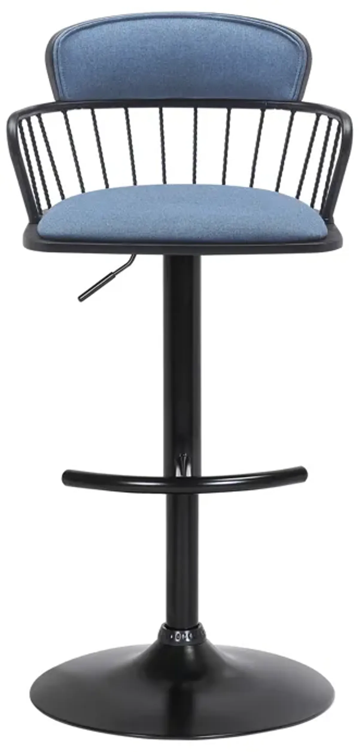 Nash Adjustable Black Wood Bar Stool in Blue Fabric with Black Metal