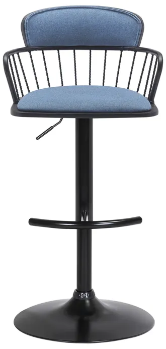 Nash Adjustable Black Wood Bar Stool in Blue Fabric with Black Metal