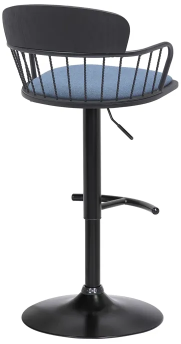 Nash Adjustable Black Wood Bar Stool in Blue Fabric with Black Metal