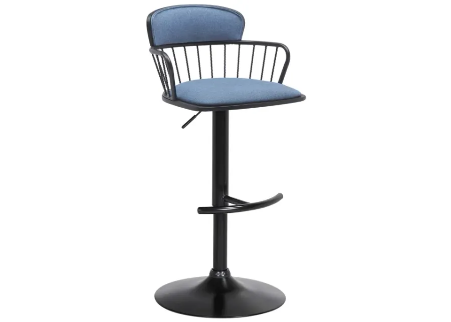 Nash Adjustable Black Wood Bar Stool in Blue Fabric with Black Metal