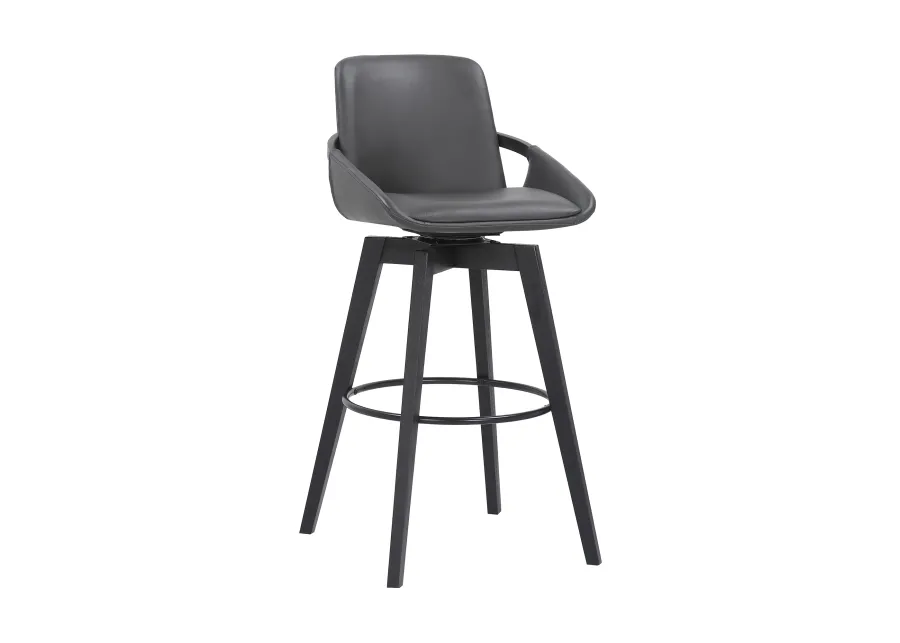 Baylor 30" Gray Faux Leather and Black Wood Swivel Bar Stool