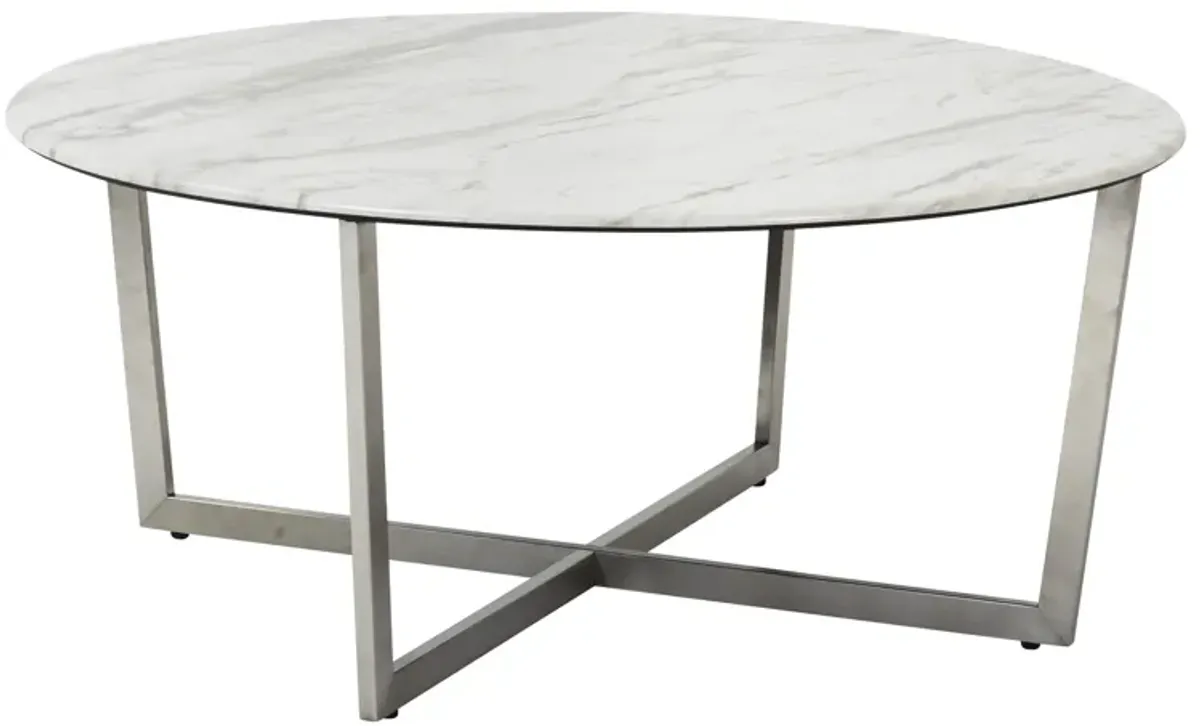 Llona 36" Round Coffee Table in White Marble Melamine with Brushed Stainless Steel Base