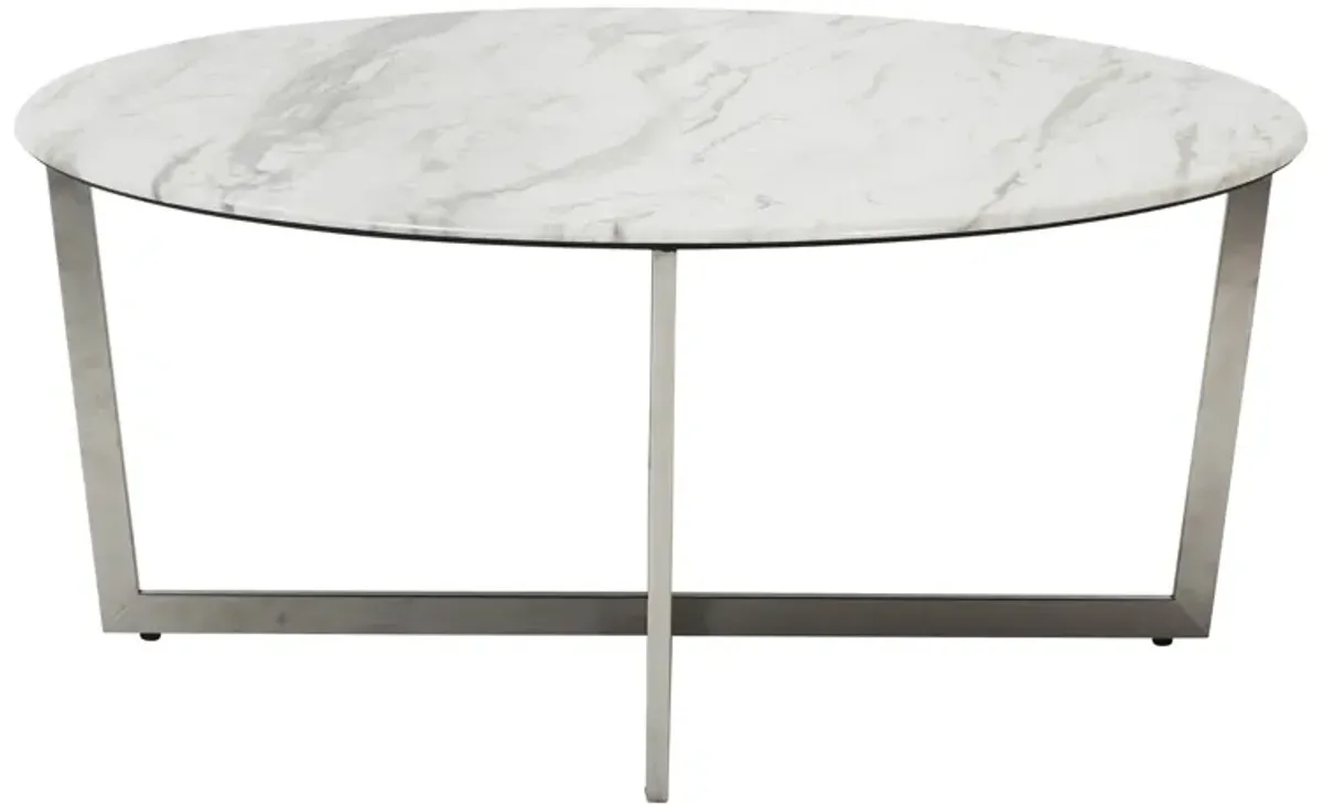 Llona 36" Round Coffee Table in White Marble Melamine with Brushed Stainless Steel Base