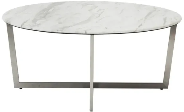 Llona 36" Round Coffee Table in White Marble Melamine with Brushed Stainless Steel Base