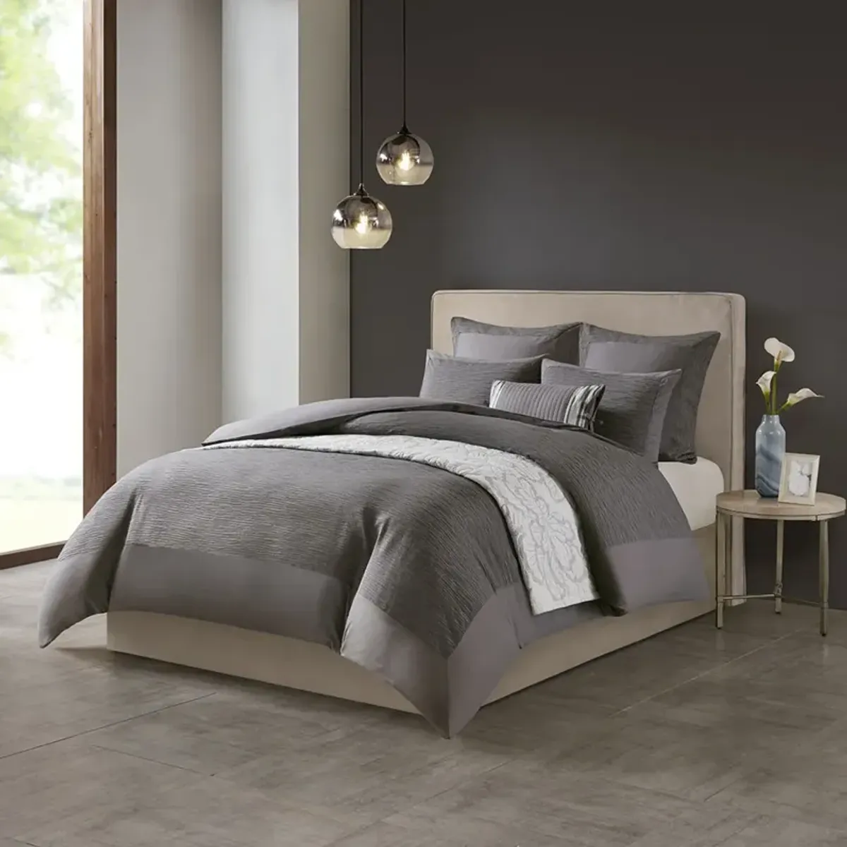 N Natori Hanae Grey Cotton Blend Yarn Dyed 3 Piece Duvet Cover Set