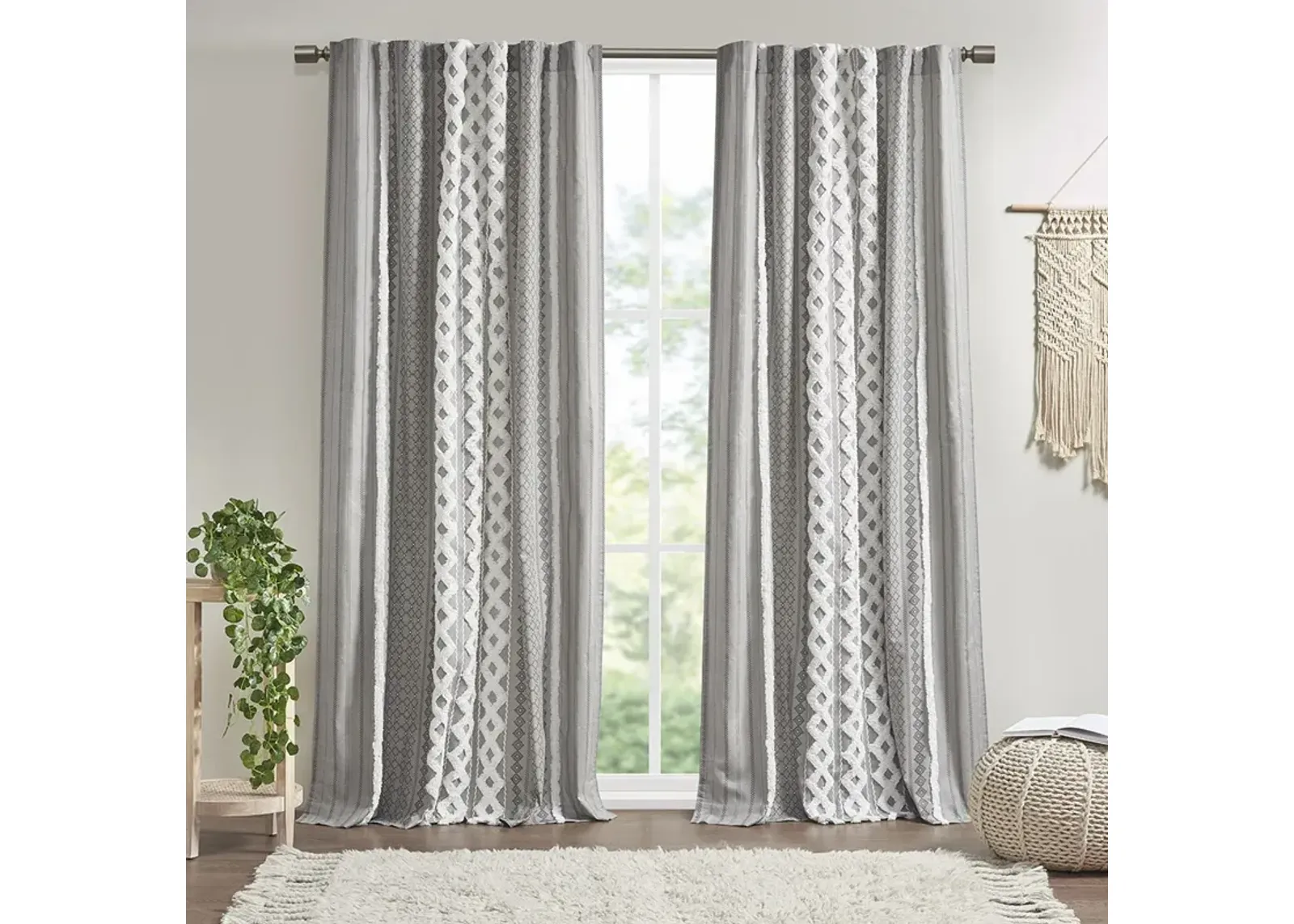 INK+IVY Imani Gray Cotton Printed Curtain Panel with Chenille Stripe and Lining