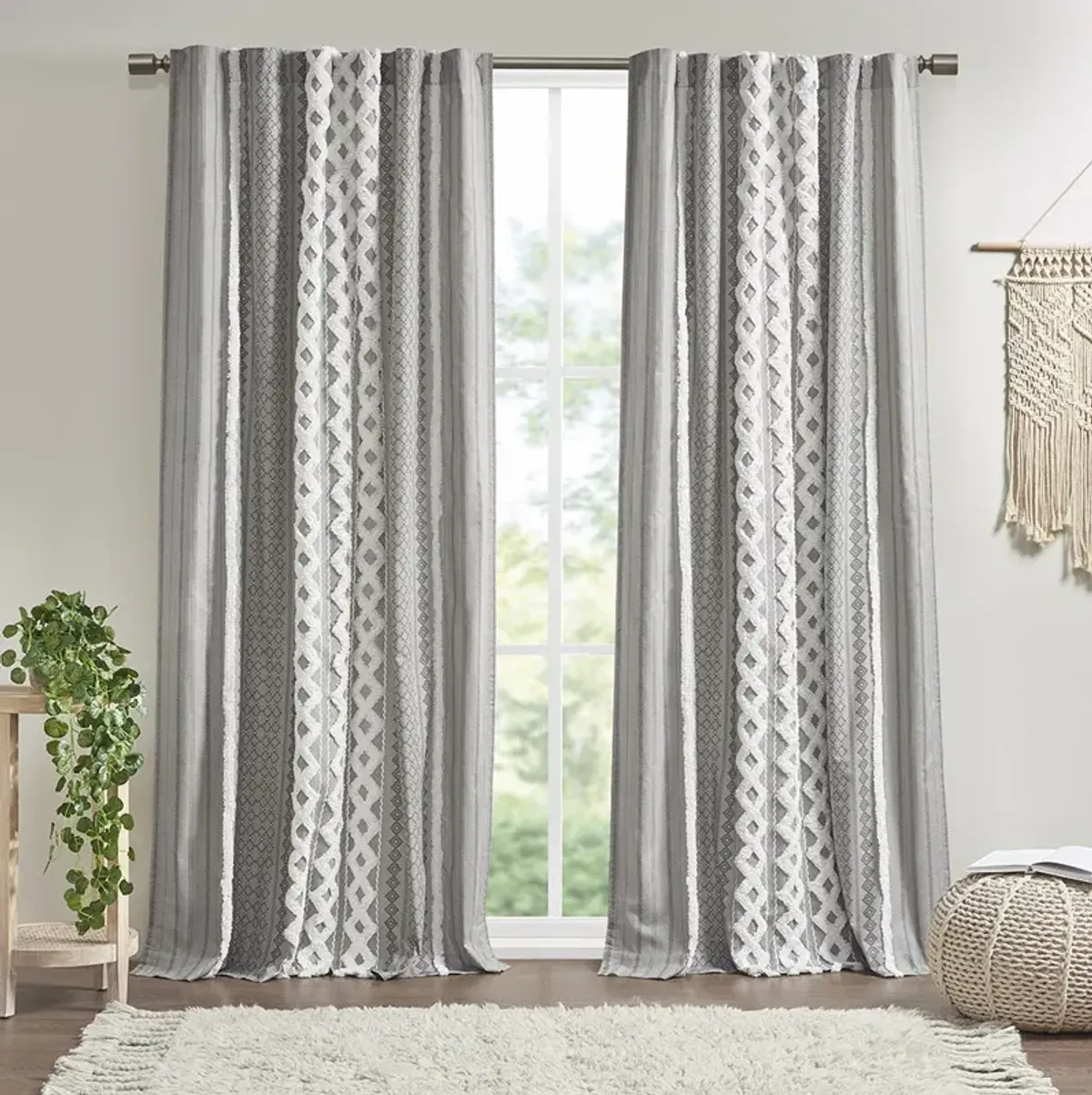 INK+IVY Imani Gray Cotton Printed Curtain Panel with Chenille Stripe and Lining